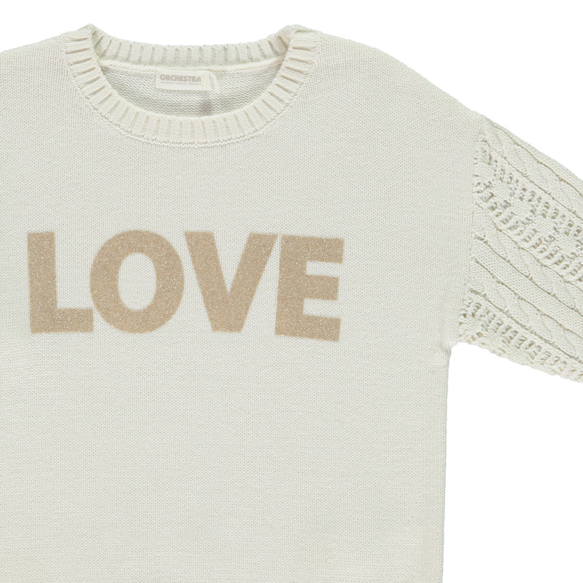 Κοντό πλεκτό πουλόβερ με ανοιχτές μανσέτες και φαντεζί σχέδιο για κορίτσι 