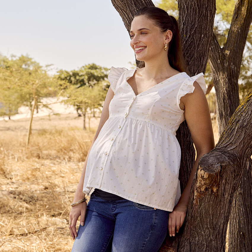 Γυναικείο πουκάμισο με κοντά μανίκια και βολάν, με σχέδιο 