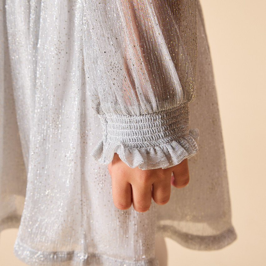 Γιορτινό φόρεμα ασημί με μακριά φουσκωτά μανίκια για κορίτσι 