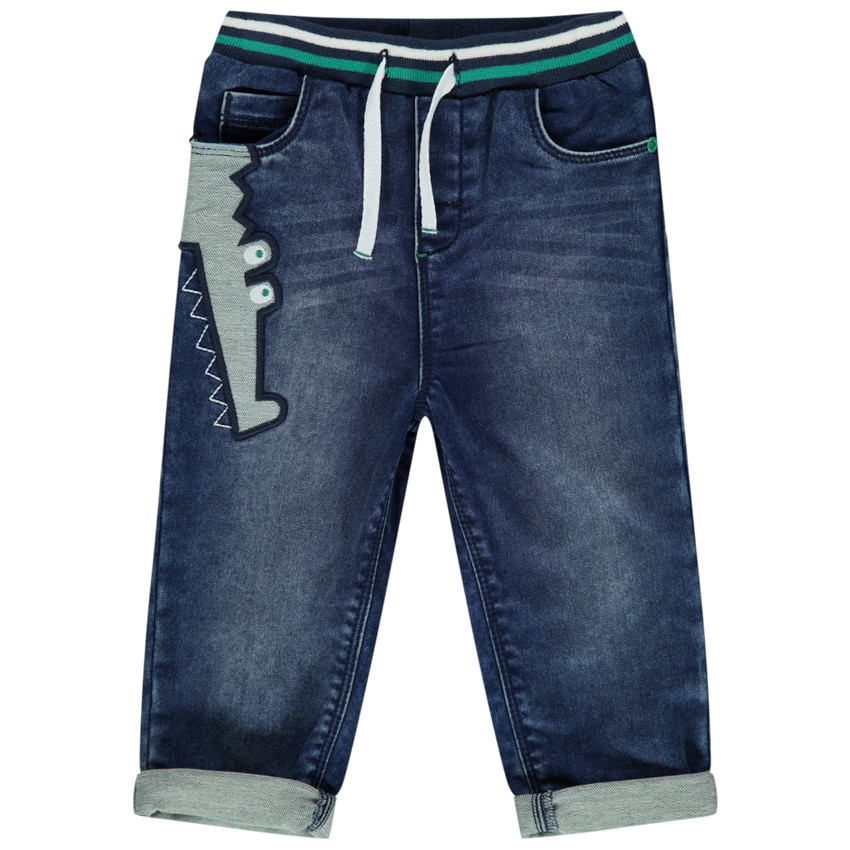 Jean effet used à taille élastiquée et crocodile brodé 