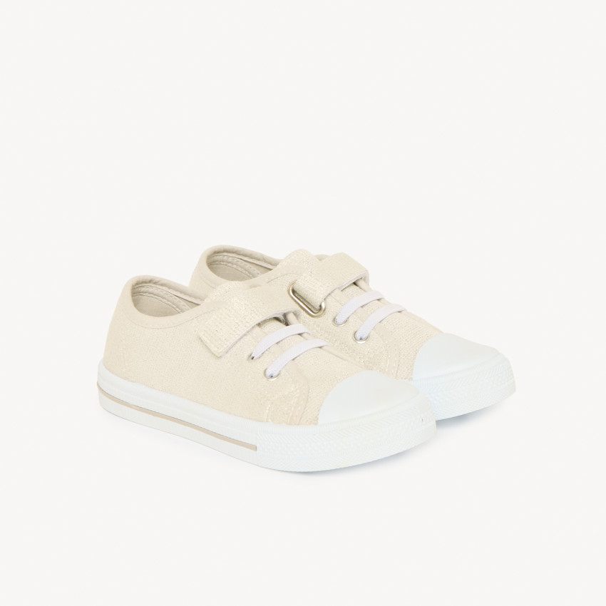 Ασημένια χαμηλά αθλητικά παπούτσια με scratch και ελαστικά κορδόνια για κορίτσι 