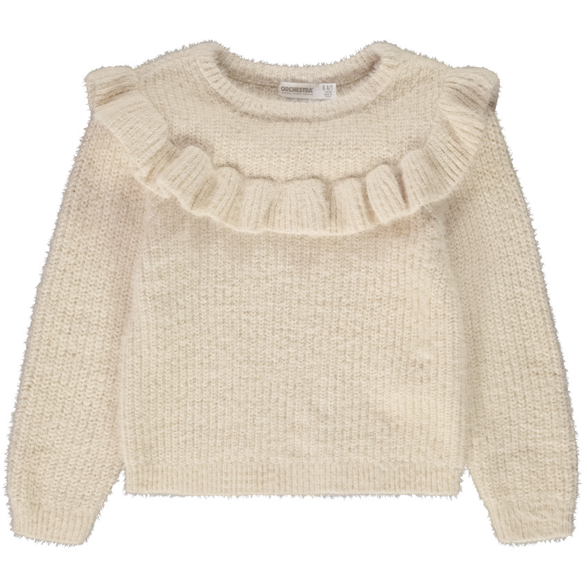 Πουλόβερ σε πλεκτό perlé με βολάν για κορίτσι 