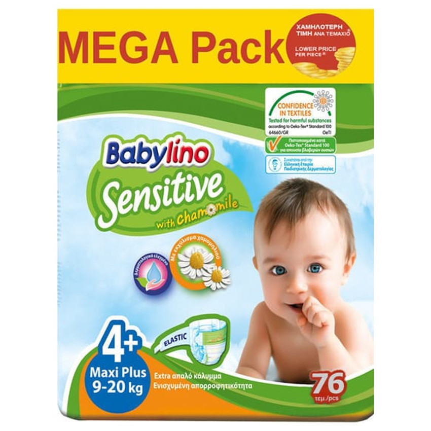 Babylino Sensitive Maxi Plus Νο.4+ (9-20 kg) Mega Pack Απορροφητικές & Πιστοποιημένα Φιλικές Βρεφικές Πάνες, 76 τεμάχια  Additional Babylino Sensitive Maxi Plus Νο.4+ (9-20 kg) Mega Pack Απορροφητικές & Πιστοποιημένα Φιλικές Βρεφικές Πάνες, 76 τεμάχια