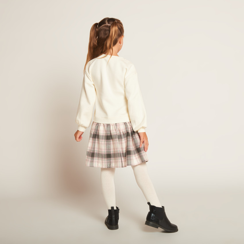 Robe effet 2 en 1 bi-matière motifs carreaux pour fille  