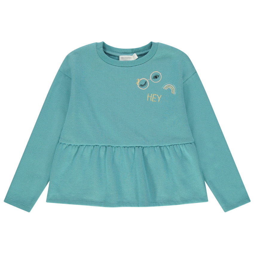 Sweat volanté en molleton à broderies dorées   