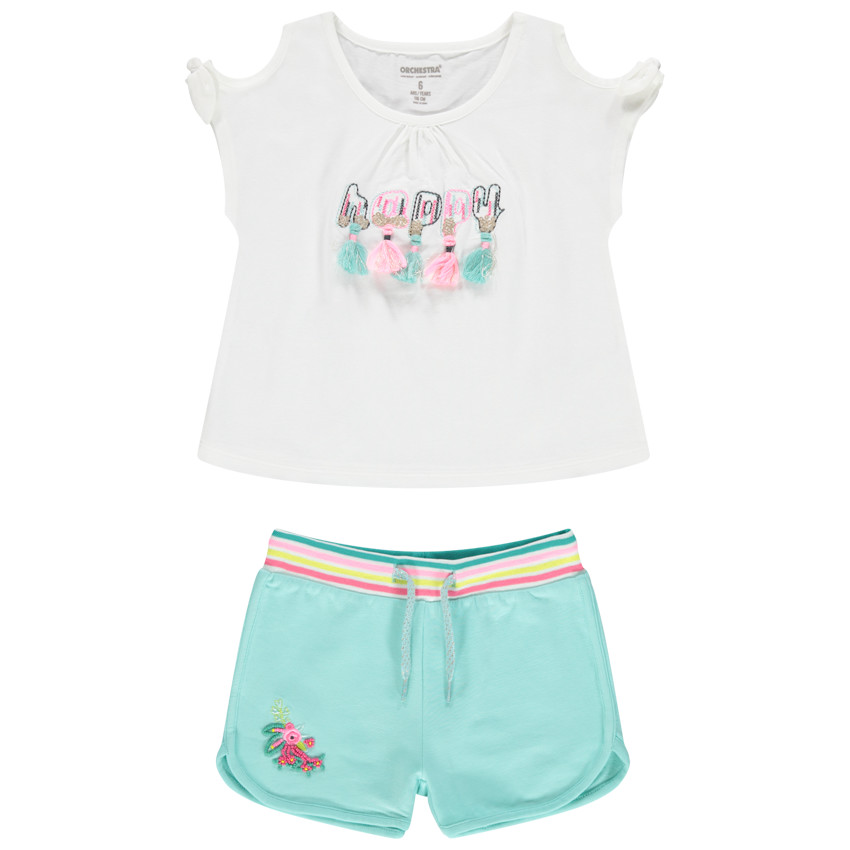 Σύνολο από βιολογικό βαμβάκι με κεντημένο μήνυμα και φουντίτσες 