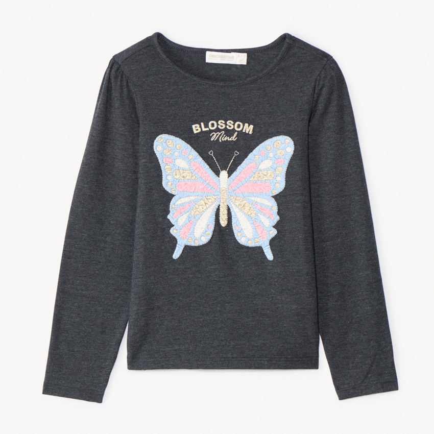 T-shirt manches longues broderie papillon pour fille 
