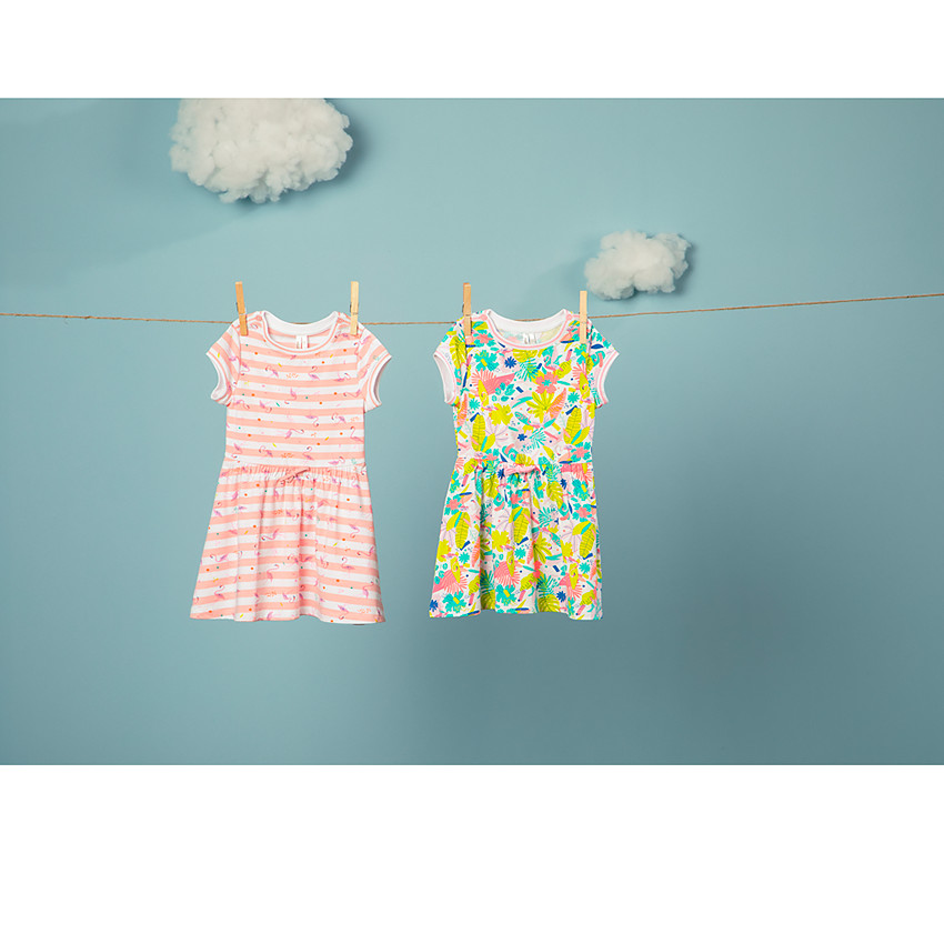 Robe manches courtes à rayures et imprimé flamants roses pour bébé fille 