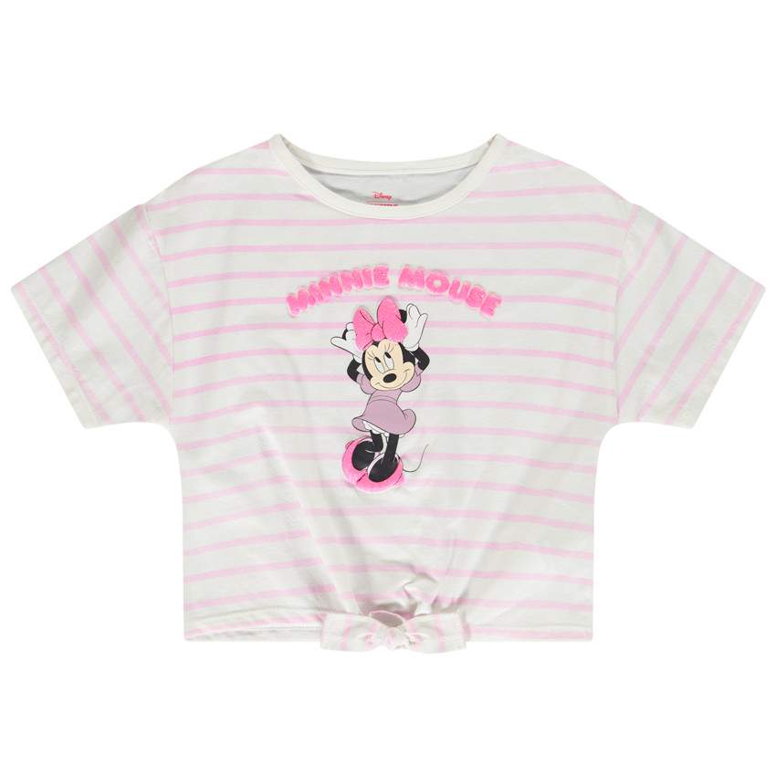 T-shirt κοντομάνικο με ρίγες και σχέδιο puff print Minnie Disney για κορίτσι 