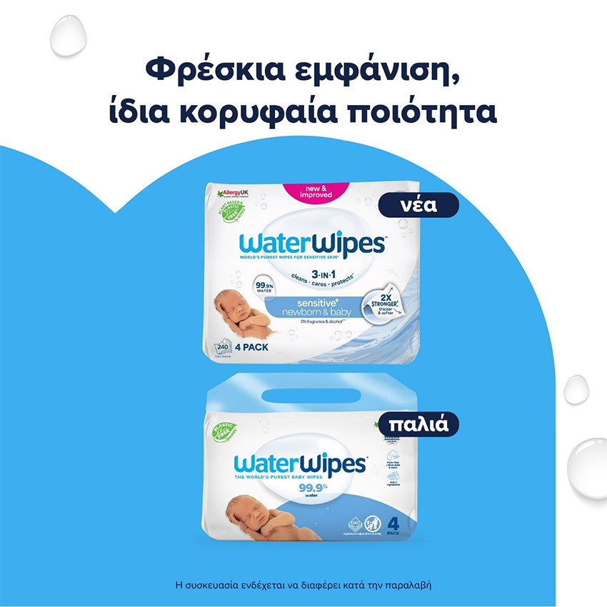 WaterWipes Οικολογικά Μωρομάντηλα με 99,9% Νερό, 4x60τεμ 