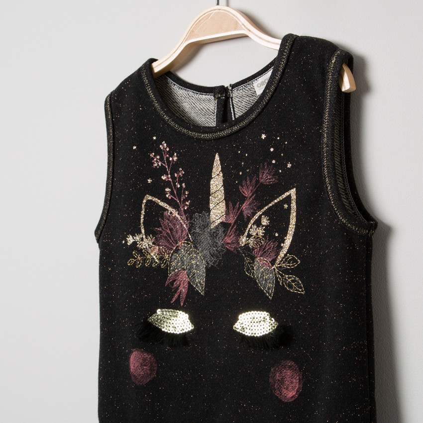 Αμάνικο φόρεμα με κεντημένο μονόκερο και ζακάρ μοτίβο 