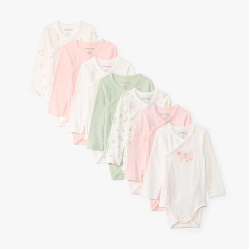 Lot de 7 bodies manches longues fantaisie pour bébé fille avec ouvertures différentes selon l'âge  