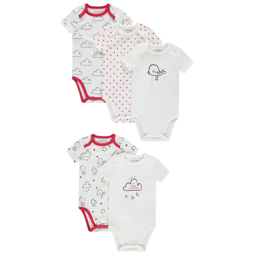 Σετ με 5 κοντομάνικα κορμάκια με διακοσμητικά μοτίβα 