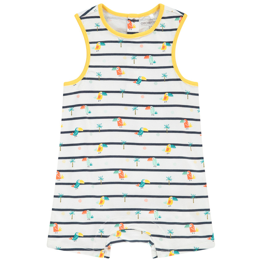 Combi κοντό ριγέ με σχέδιο Toucans και  φοίνικες για bebe αγόρι 