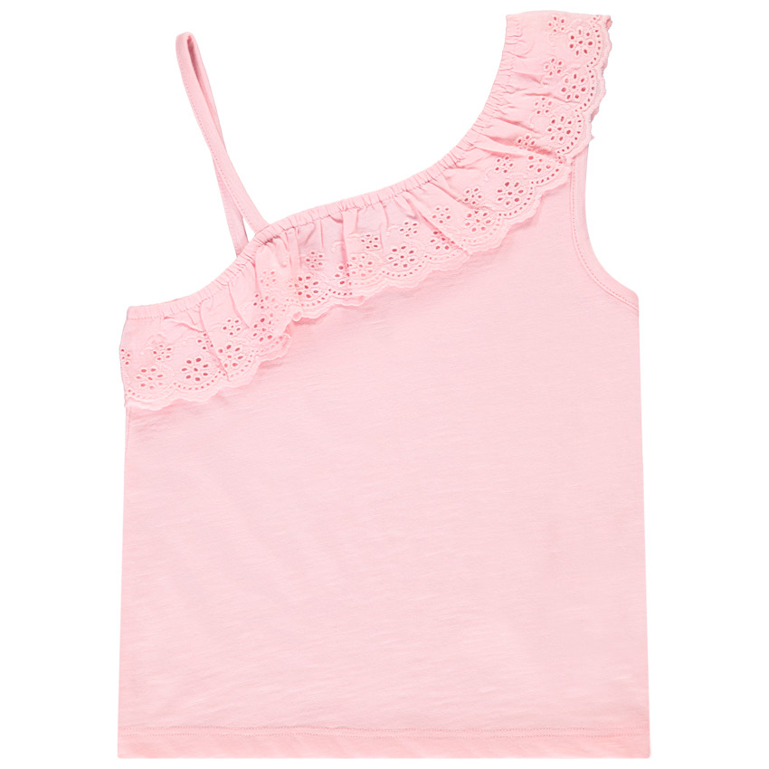 Αμάνικο μπλουζάκι με ασύμμετρες τιράντες και δαντέλα broderie anglaise για κορίτσι 