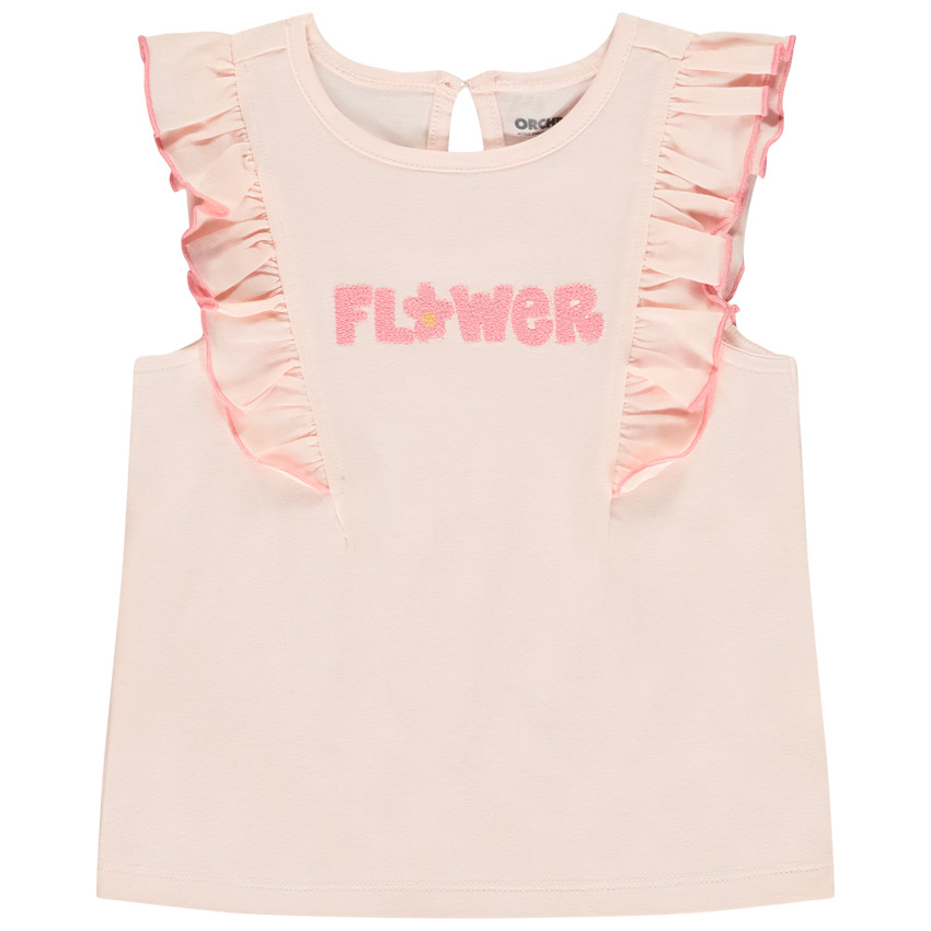 Αμάνικο μπλουζάκι με βολάν και κέντημα για bebe κορίτσι 