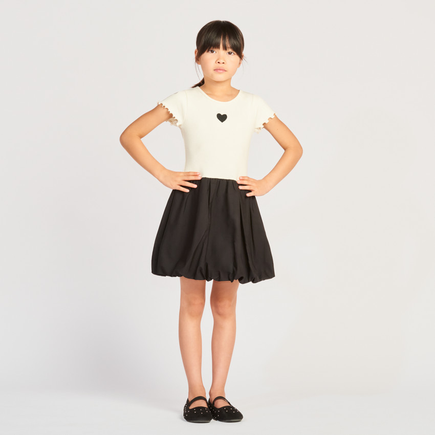 Φόρεμα κοντομάνικο bi-matière με πλισέ φούστα εφέ μπάλα για κορίτσι 