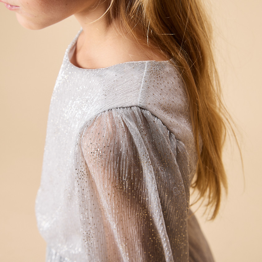 Γιορτινό φόρεμα ασημί με μακριά φουσκωτά μανίκια για κορίτσι 