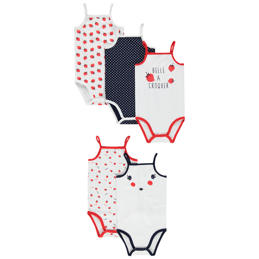 Σετ από 5 σώματα με λεπτές τιράντες και σχέδιο με πουά και φράουλες 