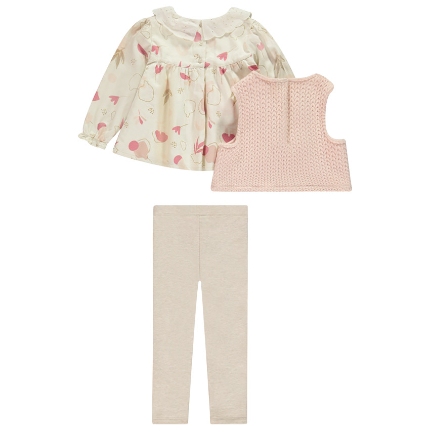 Σύνολο μπλούζας + αμάνικου πουλόβερ και μονόχρωμου κολάν για μωρό κορίτσι 