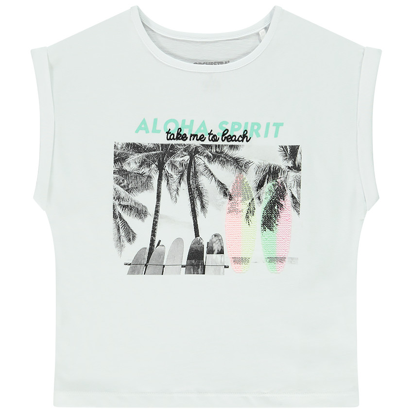 T-shirt forme boîte manches courtes print fantaisie fluo pour fille Main T-shirt forme boîte manches courtes print fantaisie fluo pour fille
