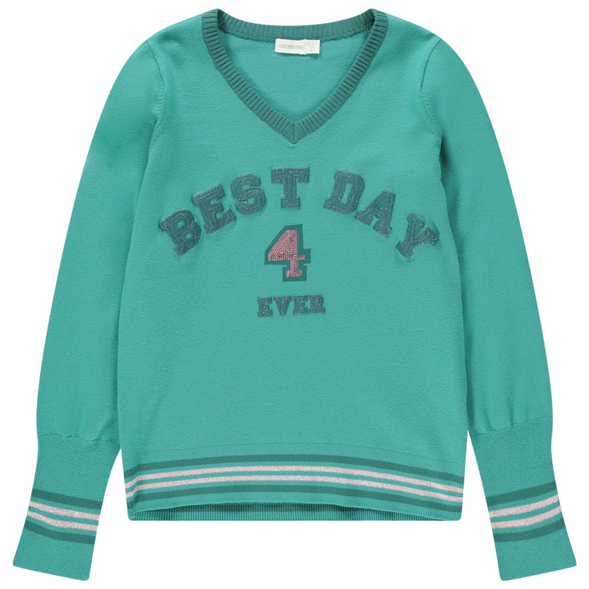 Παιδικά - Πλεκτό πουλόβερ με μεταλλιζέ φράση και πούλιες 