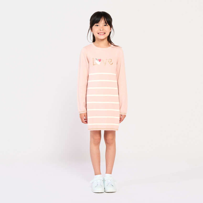 Φόρεμα μακρυμάνικο από πλεκτό με glitter print και ριγέ για κορίτσι 