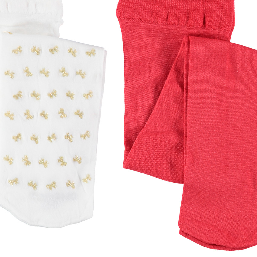 Lot de 2 collants fins rouge / à noeuds dorés 