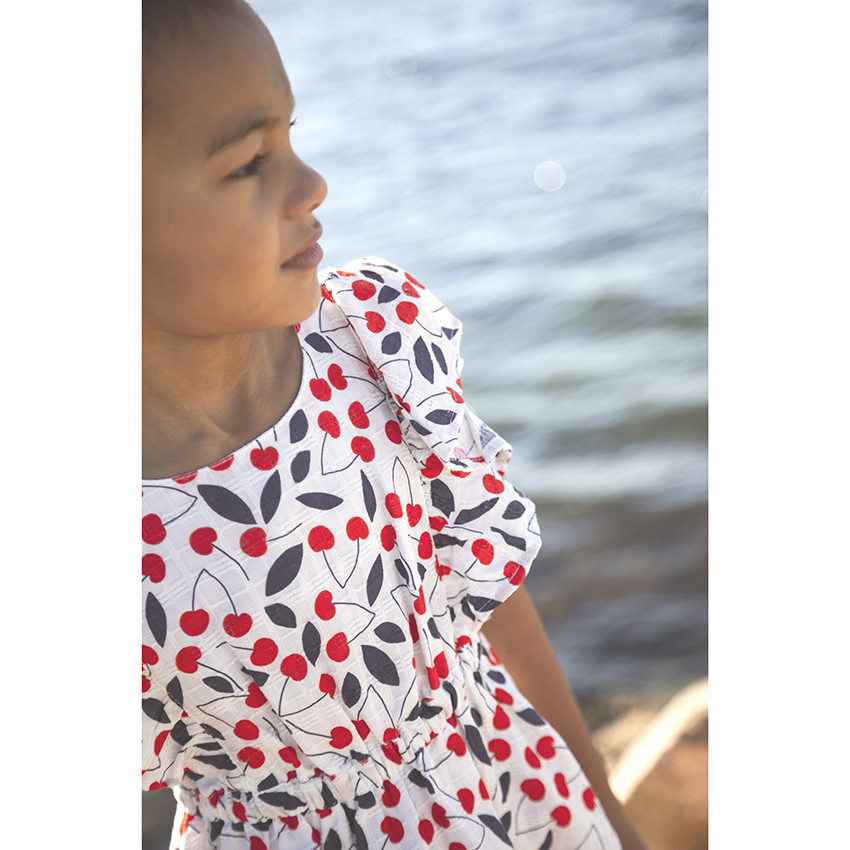 Robe manches courtes volantées imprimé cerises pour fille  