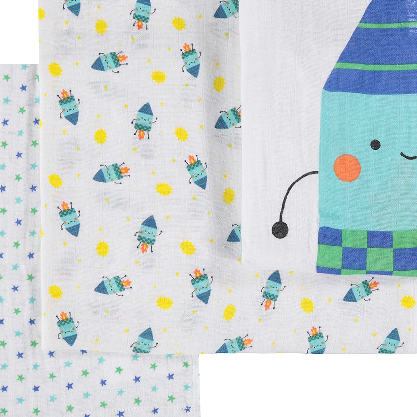 Σετ 3 βαμβακερές πάνες αγκαλιάς με μοτίβο πυραύλους 