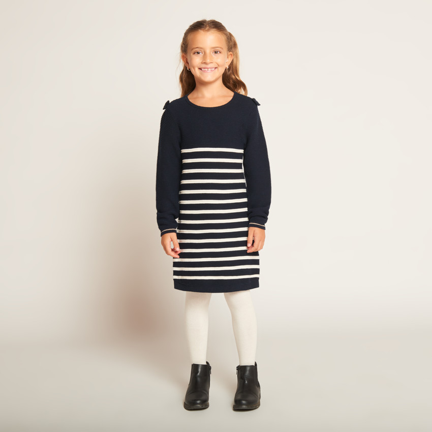 Φόρεμα πλεκτό με εφέ marinière και φιόγκους στους ώμους για κορίτσι 