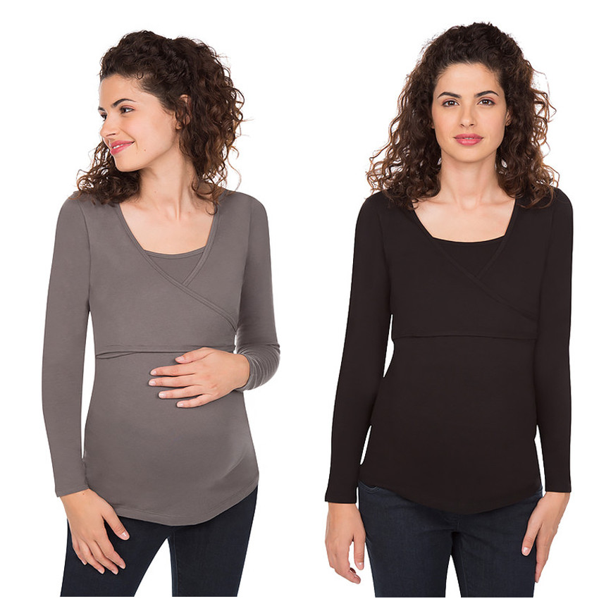 Σετ 2 μονόχρωμες μακρυμάνικες μπλούζες εγκυμοσύνης και θηλασμού 