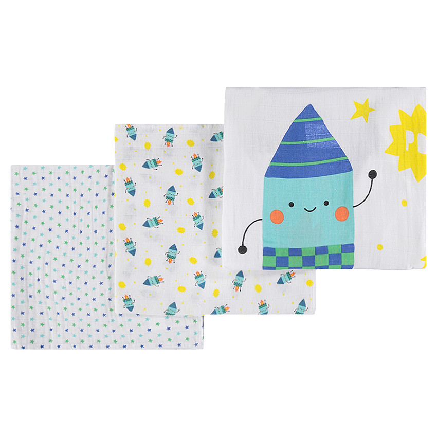 Σετ 3 βαμβακερές πάνες αγκαλιάς με μοτίβο πυραύλους 