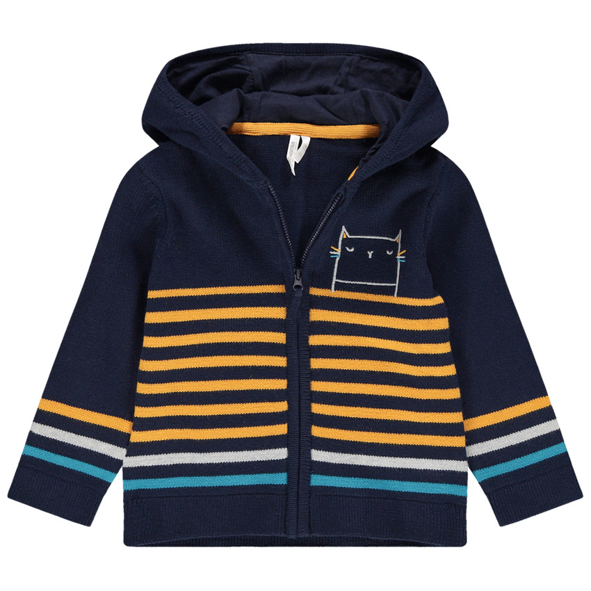 Πλεκτή ζακέτα με κουκούλα, ρίγες και κεντημένη γάτα 