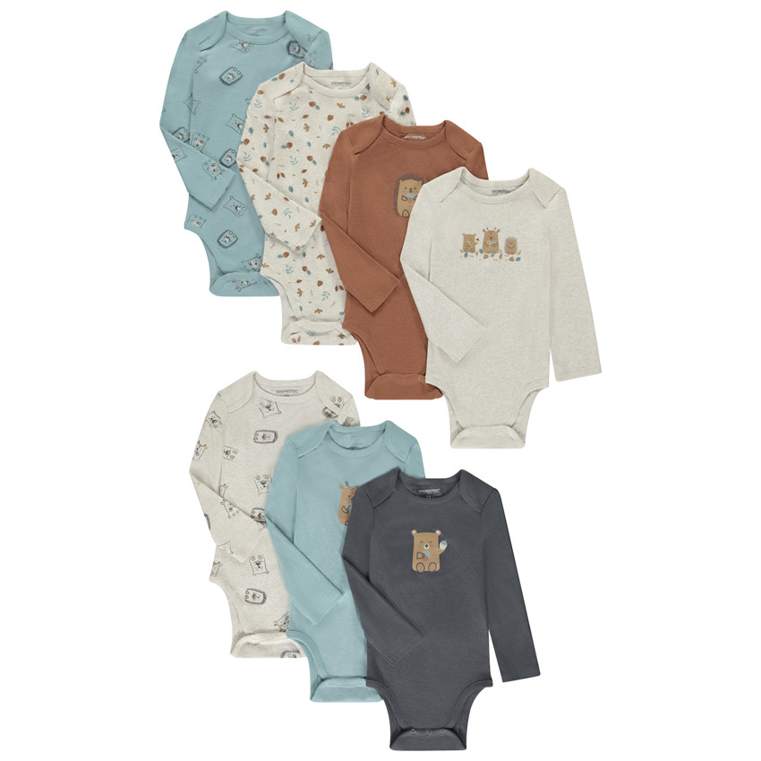 Σετ από 7 μακρυμάνικα σώματα με σχέδιο ζώων για αγόρι μωρού με διαφορετικές ανοίξεις ανάλογα με την ηλικία 