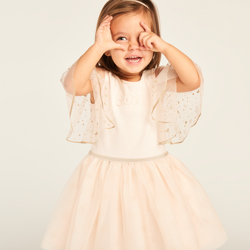 Φόρεμα με κοντά μανίκια από ασημένιο τούλι σε 2 σε 1 εκδοχή για κορίτσι βρέφος. 