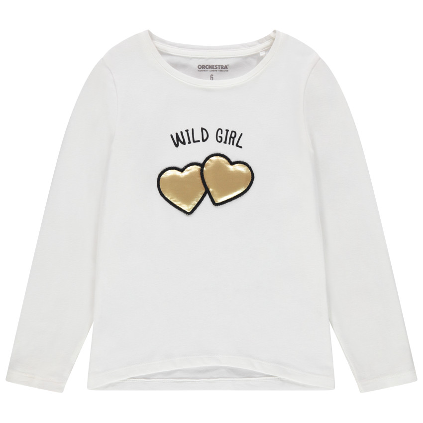 T-shirt manches longues blanc à coeurs dorés 