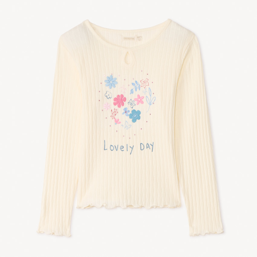 T-shirt με μακριά μανίκια, ριμπ και κεντημένο για κορίτσι 
