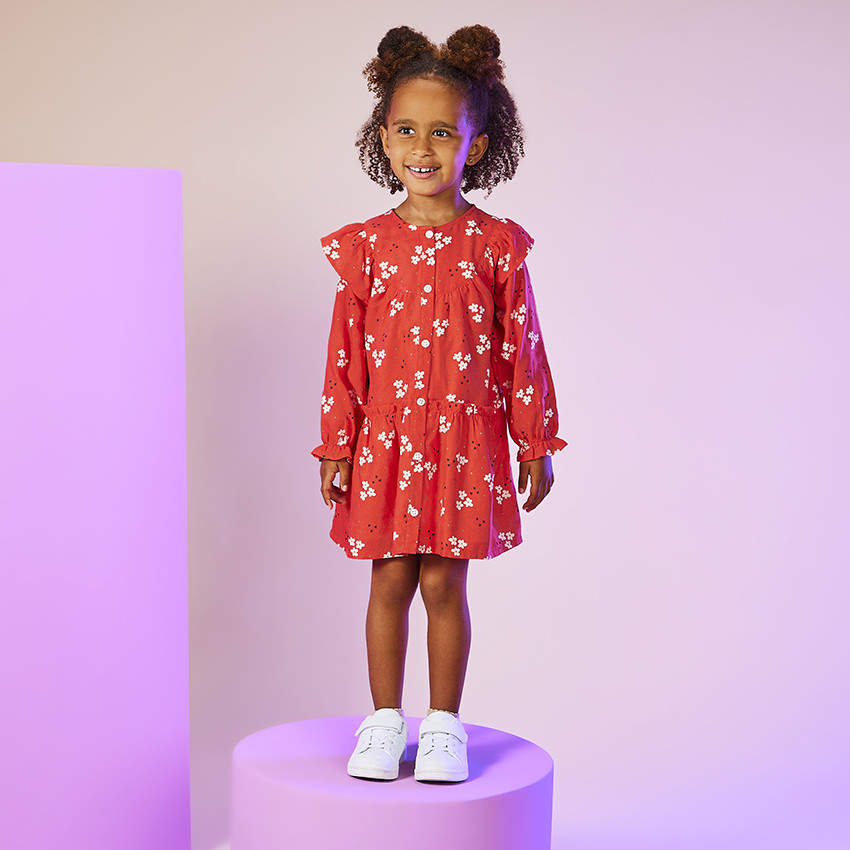 Φόρεμα μακρυμάνικο με φρου φρου και λουλούδια για κορίτσι 