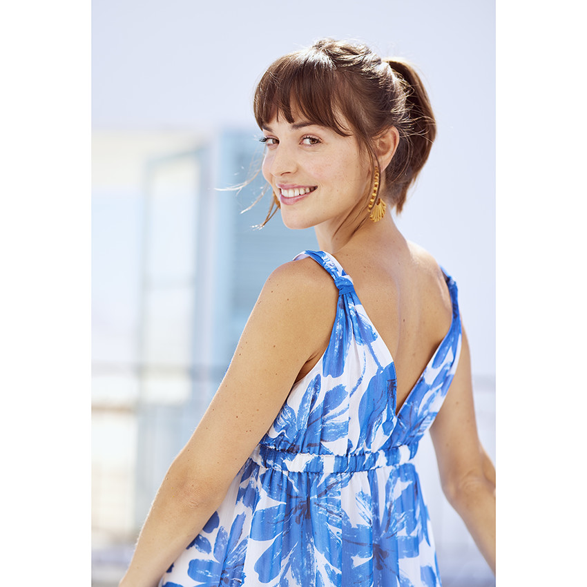 Φόρεμα μακρύ εγκυμοσύνης με τιράντες σε voile με σχέδιο floral 