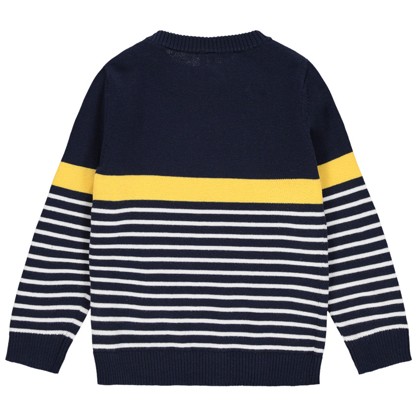 Πλεκτό πουλόβερ με ζακάρ ρίγες και μήνυμα 