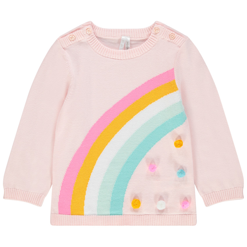 Πλεκτό πουλόβερ με ζακάρ ουράνιο τόξο και φουντίτσες 