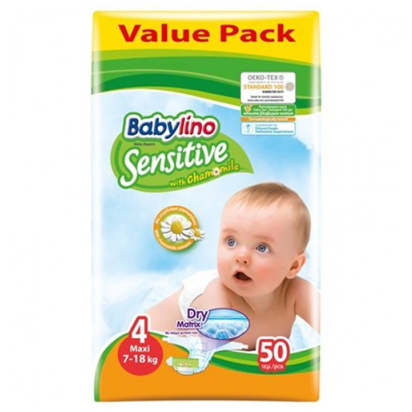 Babylino Sensitive – Βρεφική Πάνα με Χαμομήλι Maxi No4 7-18 Kg 50τμχ 