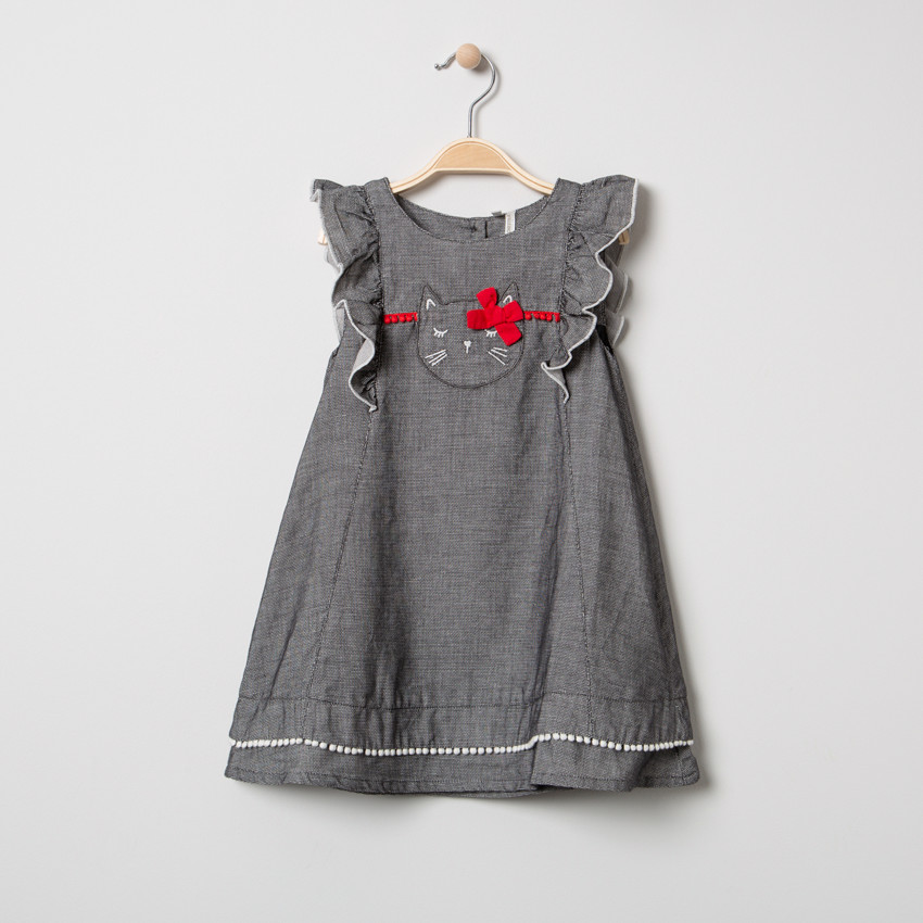 Κοντομάνικο φόρεμα από σαμπρέ ύφασμα με κεντημένη γάτα 