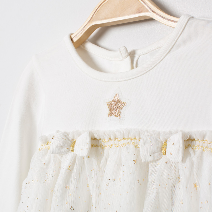 Robe manches longues à tulle et étoiles dorées  