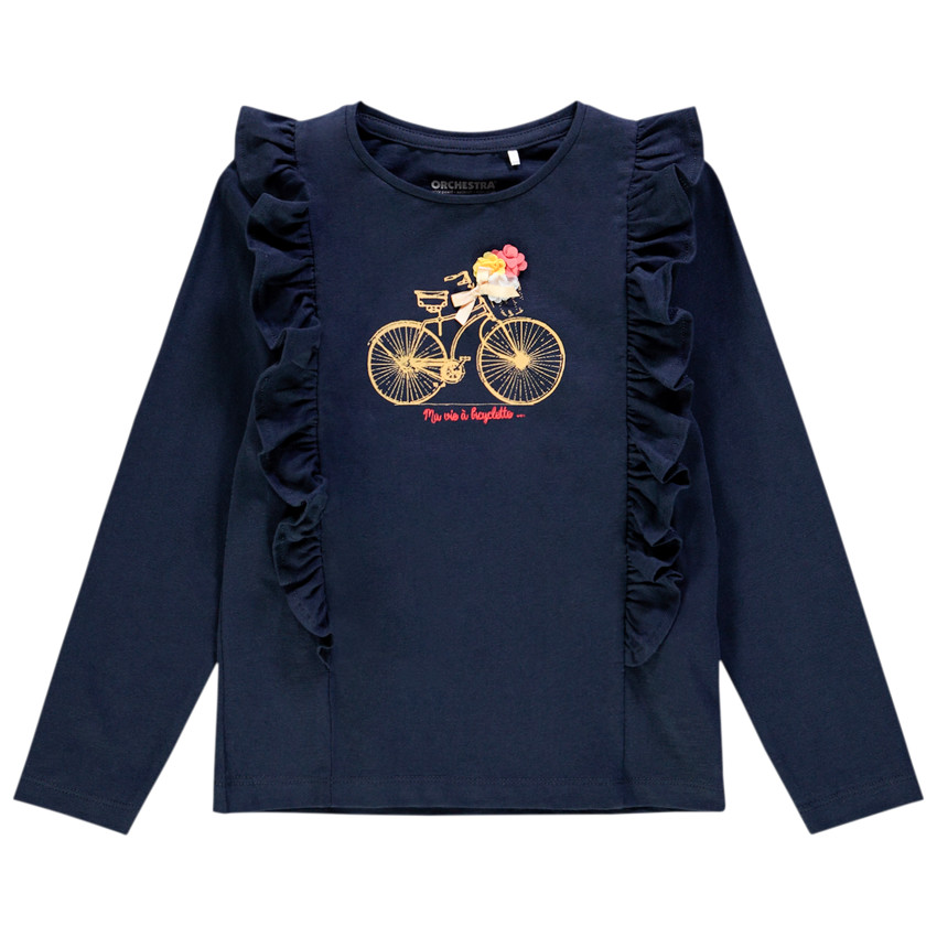 T-shirt μακρυμάνικο για κόριτσι με βολάν και σχέδιο ποδήλατο 