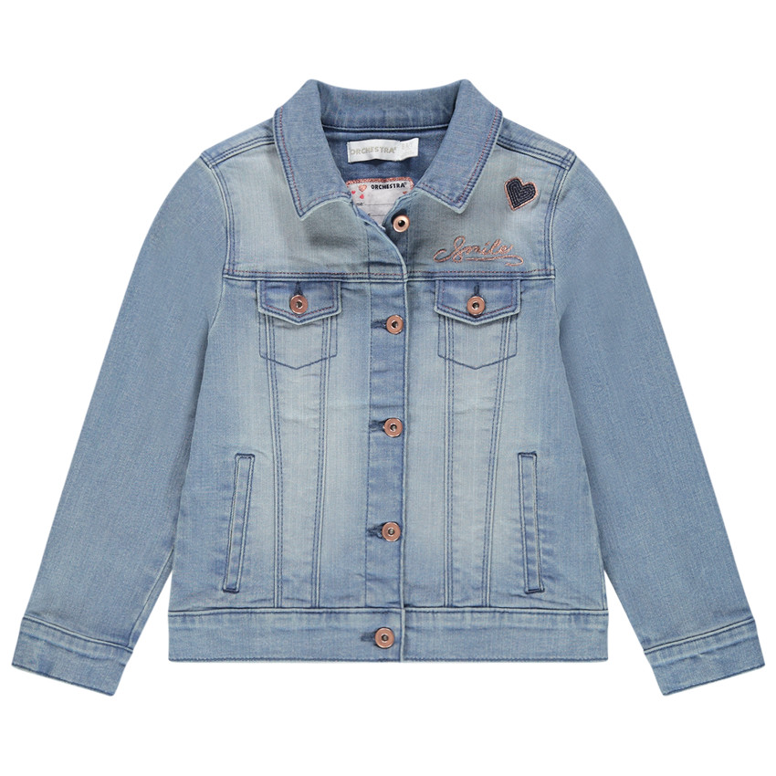 Τζιν μπουφάν με used όψη, τσέπες και κεντημένες πεταλούδες στην πλάτη 