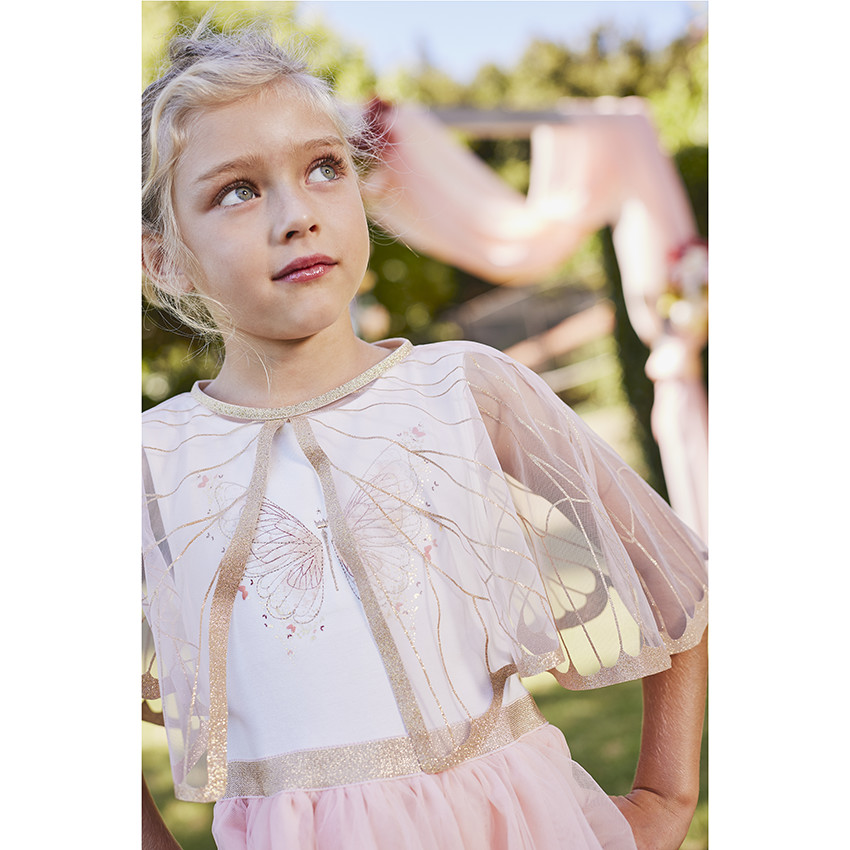 Γιορτινό φόρεμα bi-matière σε jersey και τούλι + κάπα πεταλούδα για κορίτσι 
