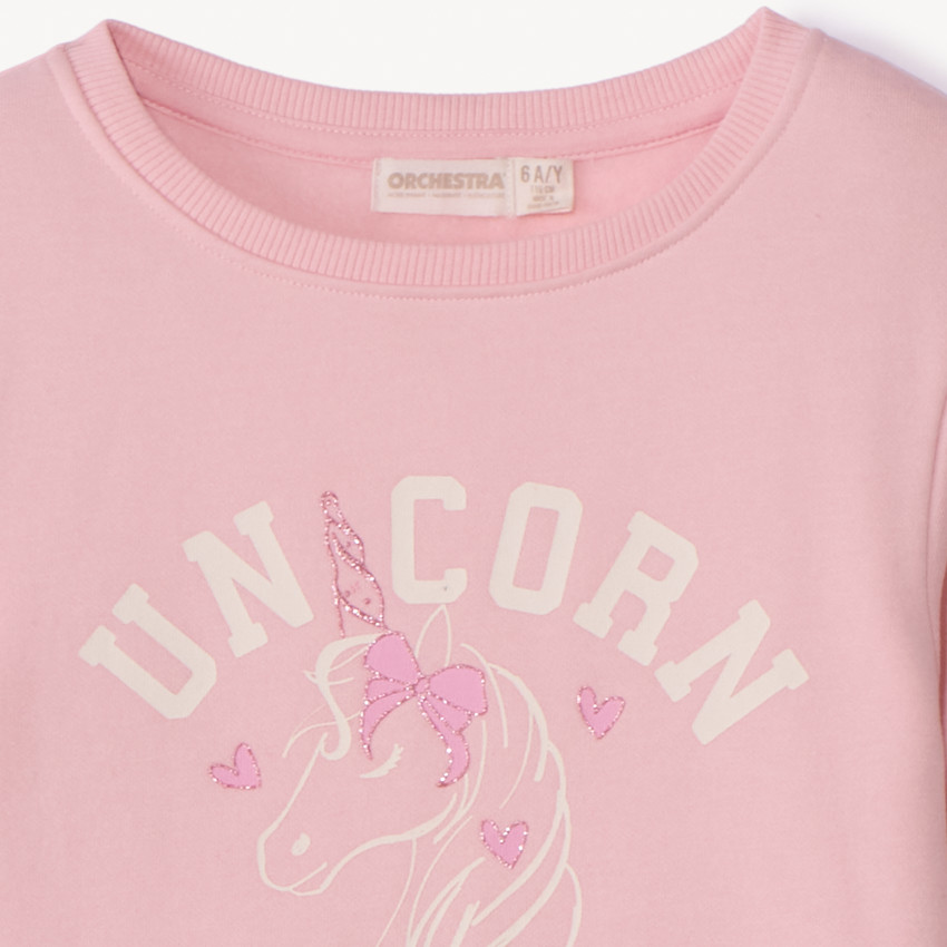 Φούτερ molleton μονόχρωμο με φαντεζί σχέδιο και glitter για κορίτσι 