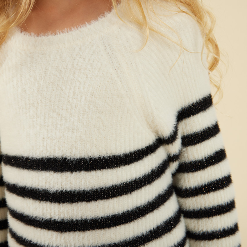 Φόρεμα με εφέ γούνας από πλεκτό ριγέ για κορίτσι 